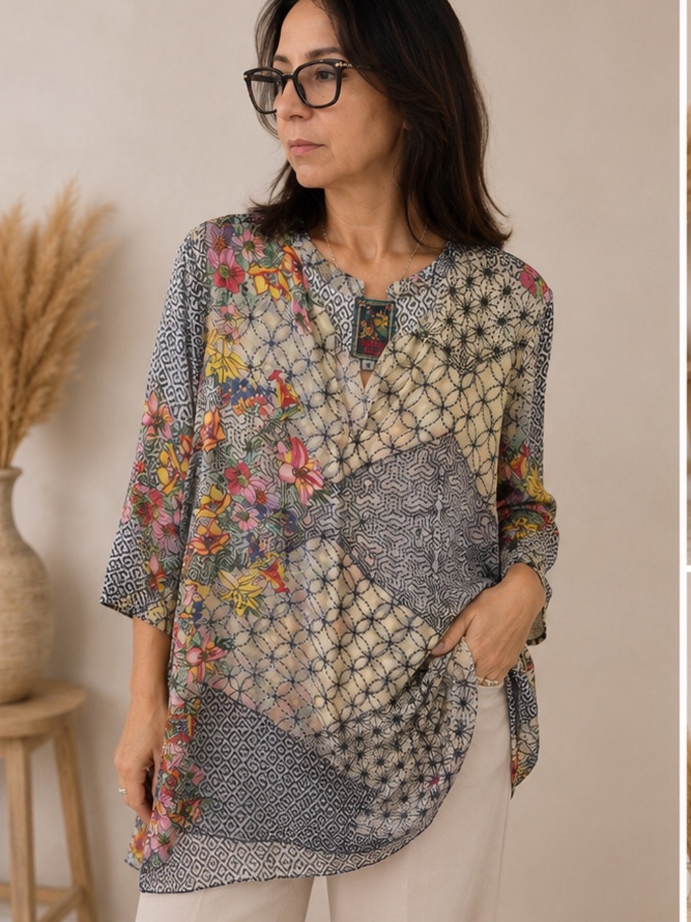 Johnny Was Silk Blend Mixed Print Floral Tunic Blouse Size M Boho Patchwork